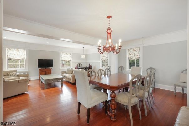Chandelier, Dining room, Interior, Living room, Recessed Lighting, Wood Texture Flooring