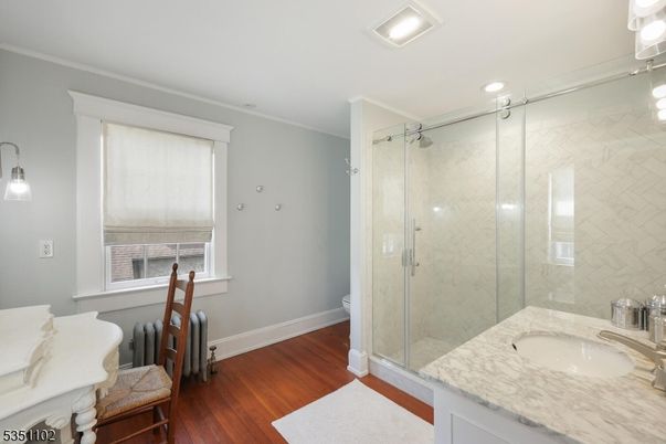 Bathroom, Glass Shower, Interior, Recessed Lighting, Wood Texture Flooring