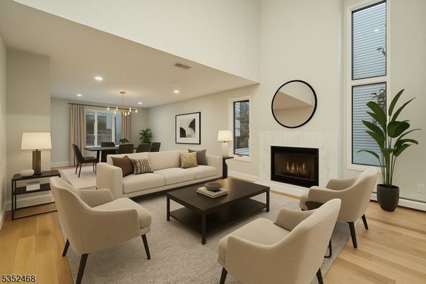 Dining room, Fireplace, Interior, Living room, Pendant Lights, Recessed Lighting, Wood Texture Flooring