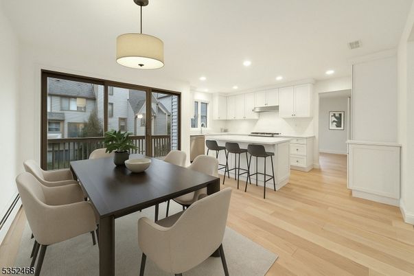 Dining room, Interior, Kitchen, Pendant Lights, Recessed Lighting, Wood Texture Flooring