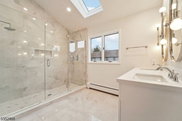 Bathroom, Glass Shower, Interior, Marble Walls, Recessed Lighting
