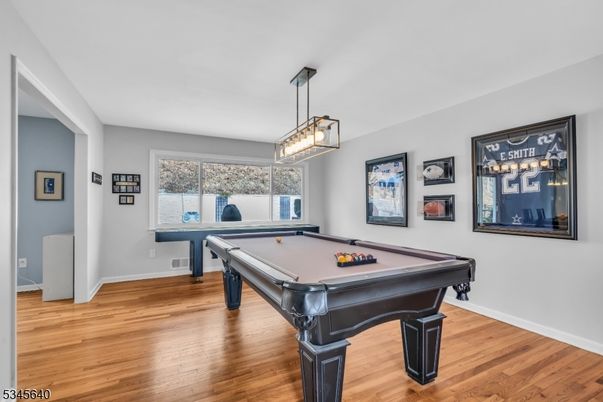 Billiard Table, Game Room, Interior, Pendant Lights, Wood Texture Flooring