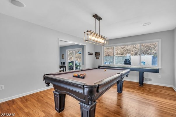Billiard Table, Game Room, Interior, Pendant Lights, Wood Texture Flooring