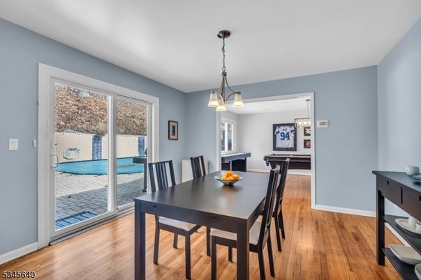 Dining room, Interior, Pendant Lights, Wood Texture Flooring