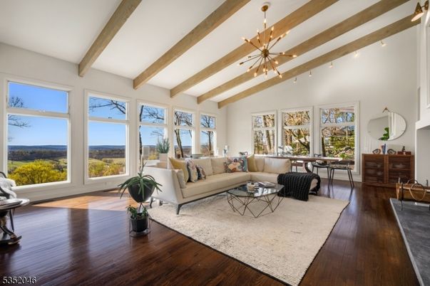 Dining room, Interior, Living room, Pendant Lights, Wooden Beams, Wood Texture Flooring