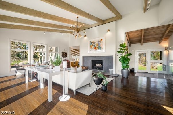 Dining room, Fireplace, Interior, Living room, Pendant Lights, Wooden Beams, Wooden Ceilings, Wood Texture Flooring