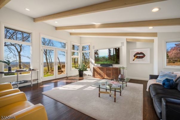 Interior, Living room, Recessed Lighting, Wooden Beams, Wood Texture Flooring
