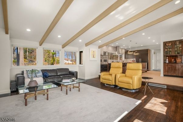 Interior, Kitchen, Living room, Pendant Lights, Recessed Lighting, Stainless Steel Appliances, Wooden Beams, Wood Texture Flooring