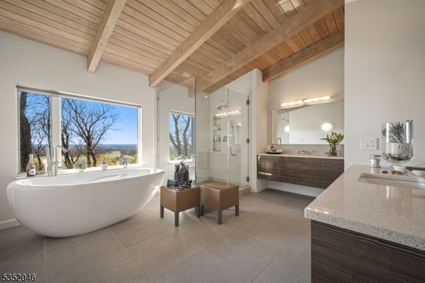 Bathroom, Dual Sink Vanities, Free Standing Baths, Glass Shower, Interior, Wooden Beams, Wooden Ceilings