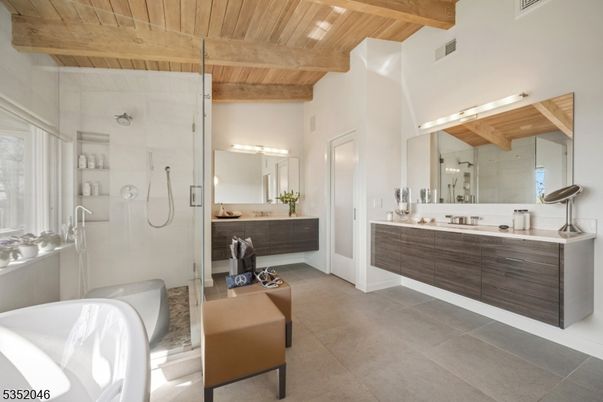 Bathroom, Dual Sink Vanities, Glass Shower, Interior, Wooden Beams, Wooden Ceilings