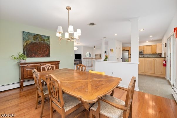 Chandelier, Dining room, Interior, Kitchen, Pendant Lights, Recessed Lighting, Wood Texture Flooring