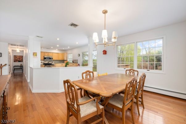 Dining room, Interior, Kitchen, Pendant Lights, Recessed Lighting, Stainless Steel Appliances, Wood Texture Flooring