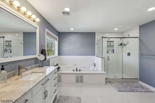 Bathroom, Dual Sink Vanities, Glass Shower, Interior, Recessed Lighting