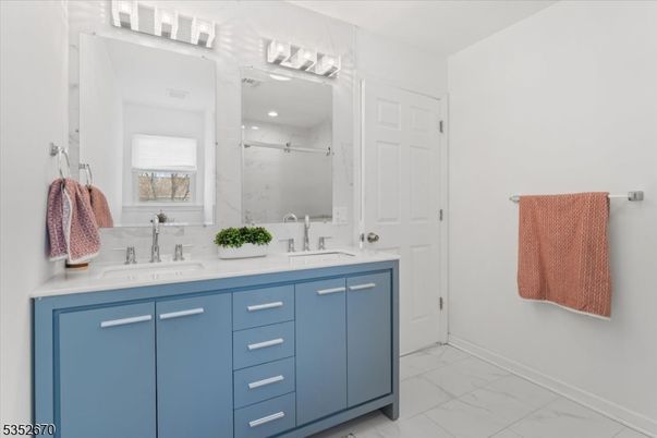 Bathroom, Dual Sink Vanities, Interior, Marble, Recessed Lighting