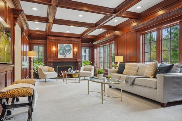 Fireplace, Interior, Living room, Recessed Lighting, Wooden Beams, Wooden Walls