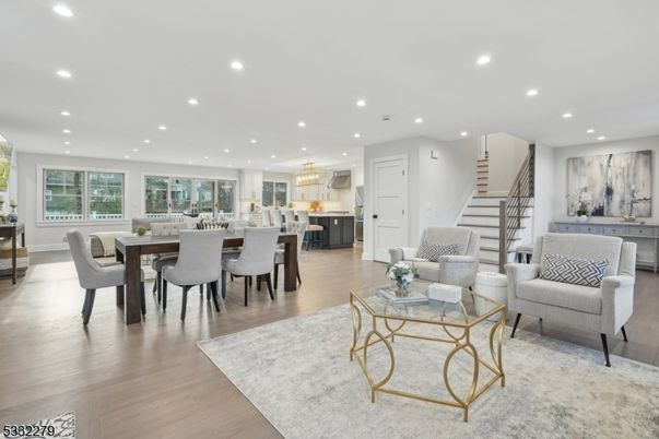 Chandelier, Dining room, Interior, Kitchen, Living room, Recessed Lighting, Wood Texture Flooring