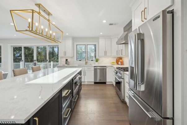 Interior, Kitchen, Pendant Lights, Recessed Lighting, Stainless Steel Appliances, Wood Texture Flooring