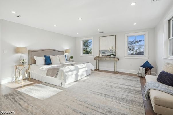 Bedroom, Fireplace, Interior, Recessed Lighting, Wood Texture Flooring
