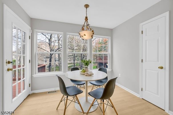Dining room, Interior, Pendant Lights, Wood Texture Flooring