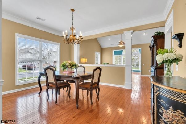Chandelier, Dining room, Interior, Recessed Lighting, Wood Texture Flooring