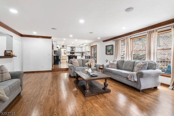 Interior, Kitchen, Living room, Recessed Lighting, Stainless Steel Appliances, Wood Texture Flooring