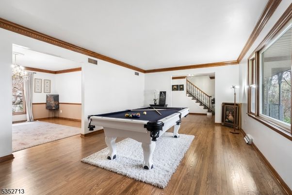Billiard Table, Chandelier, Game Room, Interior, Wood Texture Flooring