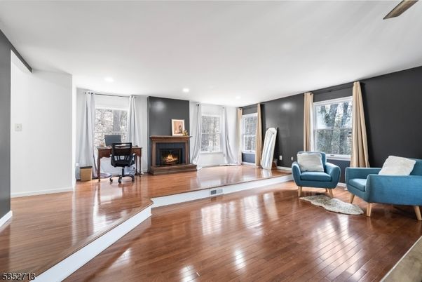 Fireplace, Home Office, Interior, Recessed Lighting, Wood Texture Flooring