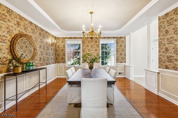 Chandelier, Dining room, Interior, Wood Texture Flooring