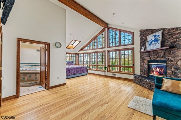 Bedroom, Fireplace, Interior, Stone Walls, Wooden Beams, Wood Texture Flooring