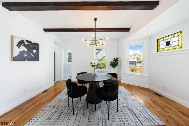 Dining room, Interior, Pendant Lights, Wooden Beams, Wood Texture Flooring