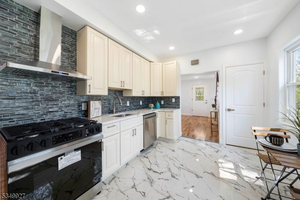 Interior, Kitchen, Marble, Recessed Lighting, Stainless Steel Appliances, Wood Texture Flooring