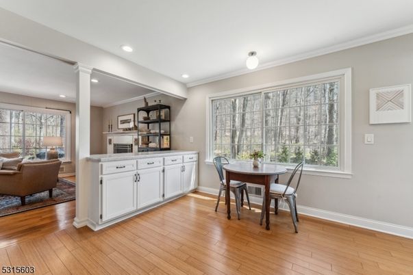 Dining room, Interior, Living room, Recessed Lighting, Wood Texture Flooring