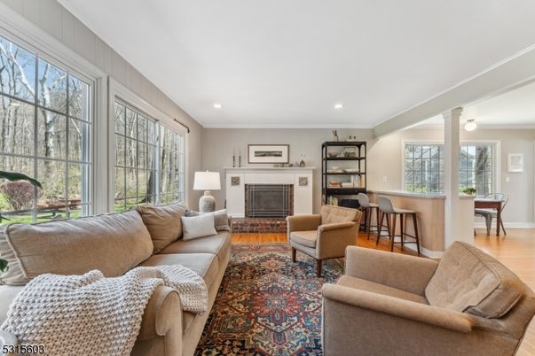 Fireplace, Interior, Living room, Recessed Lighting, Wood Texture Flooring