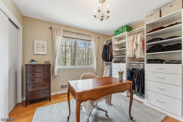 Chandelier, Home Office, Interior, Walk-in Closets, Wood Texture Flooring