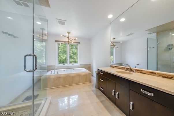 Bathroom, Dual Sink Vanities, Glass Shower, Interior, Pendant Lights, Recessed Lighting