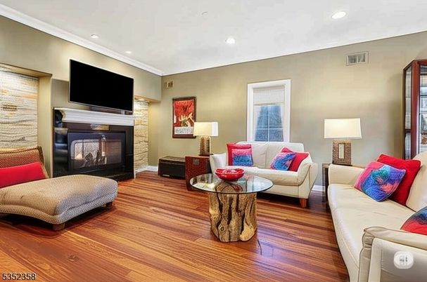 Fireplace, Interior, Living room, Recessed Lighting, Wood Texture Flooring
