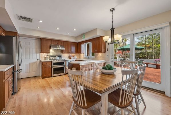 Dining room, Interior, Kitchen, Pendant Lights, Recessed Lighting, Stainless Steel Appliances, Wood Texture Flooring