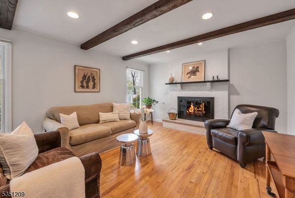 Fireplace, Interior, Living room, Recessed Lighting, Wooden Beams, Wood Texture Flooring