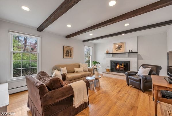 Fireplace, Interior, Living room, Recessed Lighting, Wooden Beams, Wood Texture Flooring
