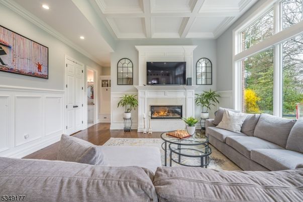 Fireplace, Interior, Living room, Recessed Lighting, Wood Texture Flooring