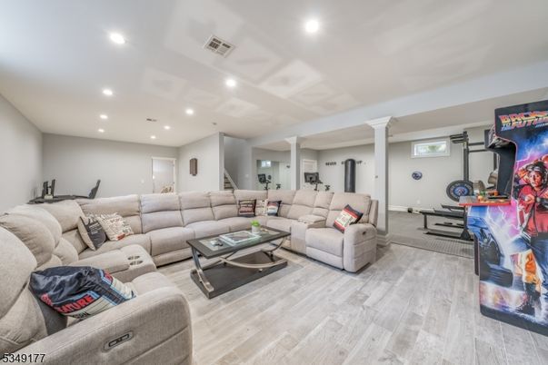 Interior, Living room, Recessed Lighting, Wood Texture Flooring