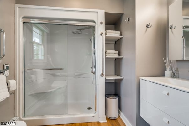 Bathroom, Glass Shower, Interior, Wood Texture Flooring