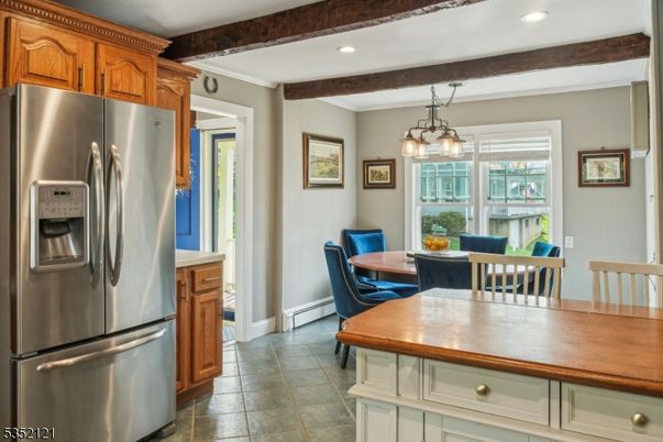 Dining room, Interior, Kitchen, Pendant Lights, Recessed Lighting, Stainless Steel Appliances, Wooden Beams