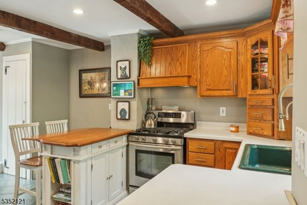 Interior, Kitchen, Recessed Lighting, Stainless Steel Appliances, Wooden Beams