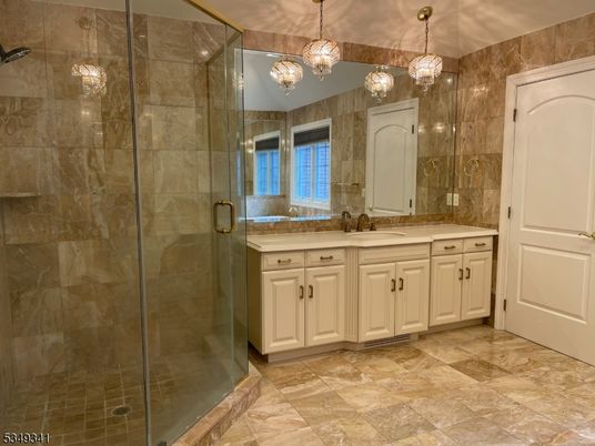 Bathroom, Dual Sink Vanities, Glass Shower, Interior, Pendant Lights