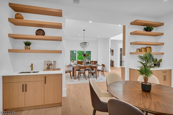 Chandelier, Dining room, Interior, Pendant Lights, Recessed Lighting, Wood Texture Flooring
