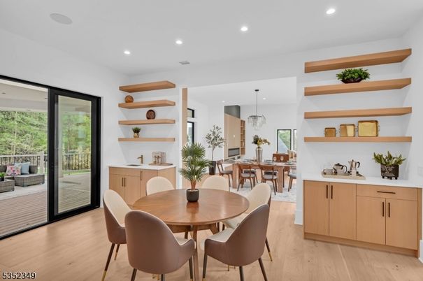 Dining room, Interior, Pendant Lights, Recessed Lighting, Wood Texture Flooring