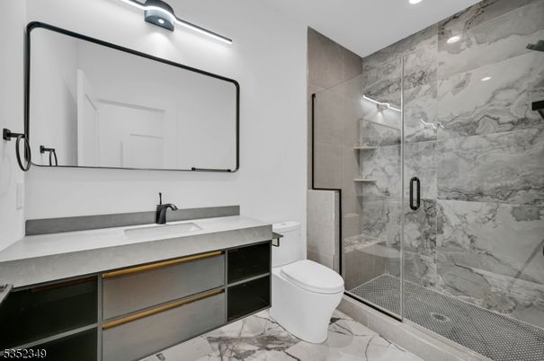 Bathroom, Glass Shower, Interior, Marble, Marble Walls, Recessed Lighting