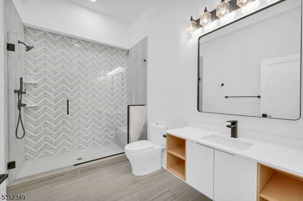 Bathroom, Glass Shower, Interior, Recessed Lighting, Wood Texture Flooring