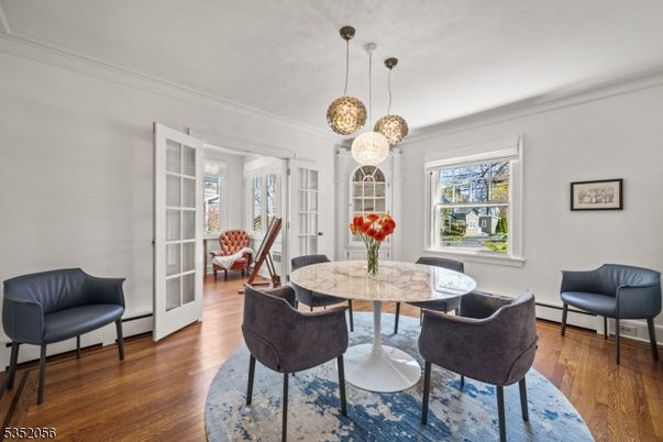 Dining room, Interior, Pendant Lights, Wood Texture Flooring